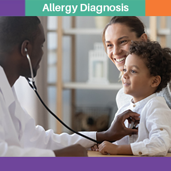 Allergy Diagnosis cover with photo of doctor checking kid's heart while mom watches